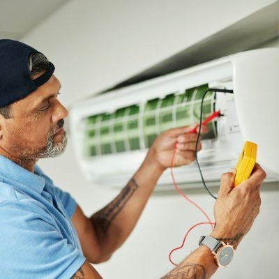 Electrician, multimeter and test for power, electricity or energy inspection on electrical box, sys